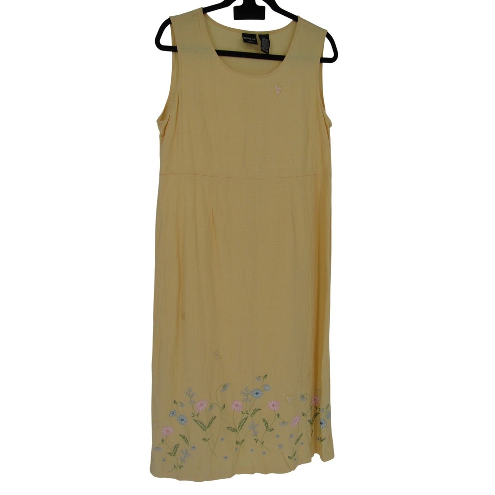 Erika Floral Butterfly Maxi Dress Womens Large Yellow Linen Blend Embroidered